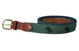 Leather Man Ltd. Black Lab Dog Fabric & Leather Belt VTG Men Sz 48” Preppy